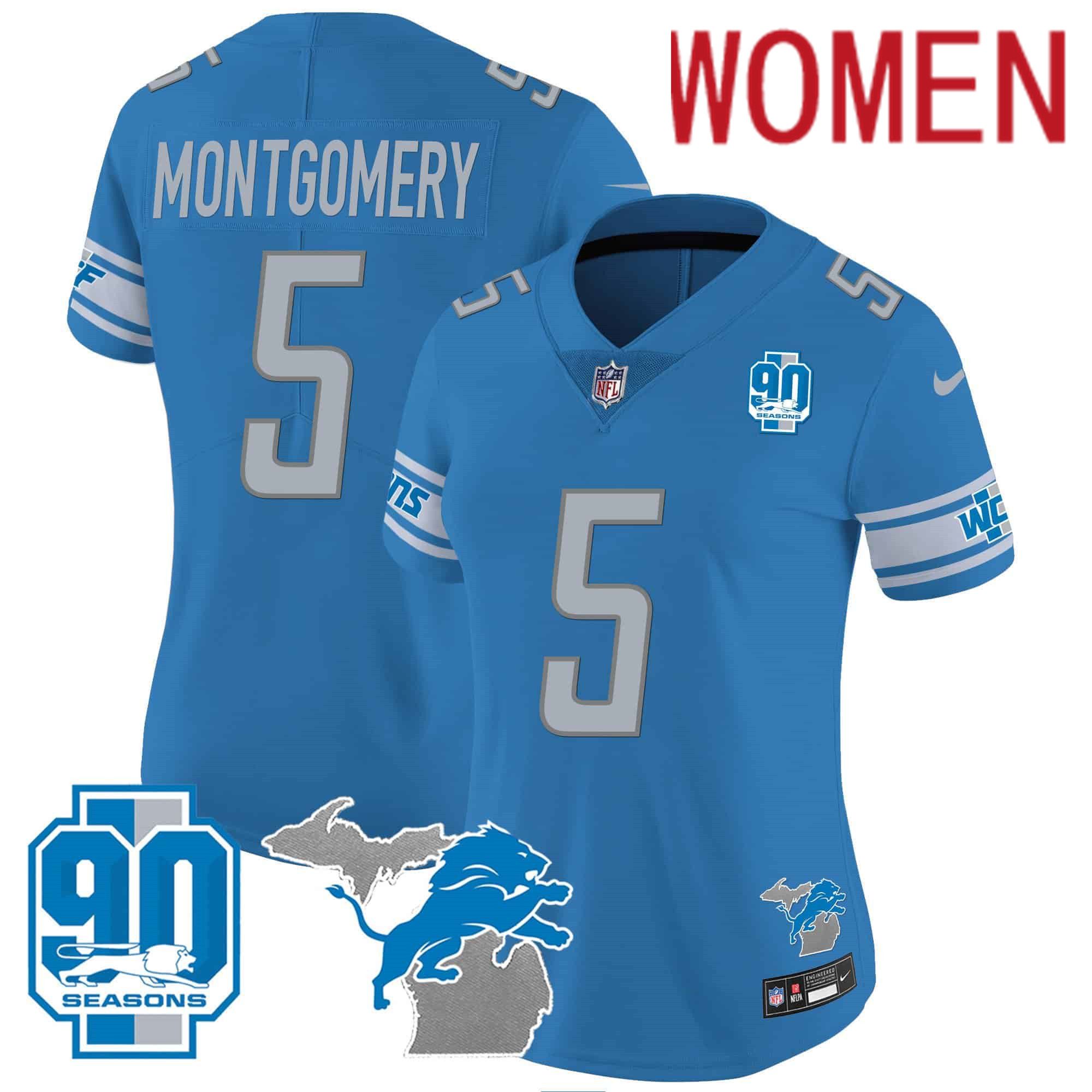Women Detroit Lions 5 Montgomery Blue 2024 Nike 90th Year Michigan Patch Vapor NFL Jersey style 1
